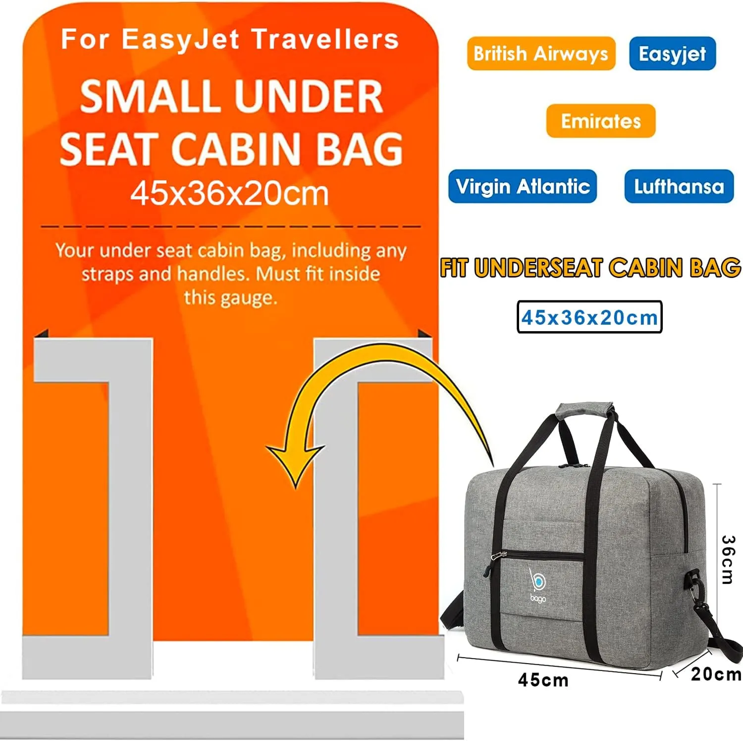 Bago Personal Item Travel Bag For Airlines - Fits As 18x14x8 inches Travel Bag Spirit & Frontier Airlines - Foldable Duffle Bag For Travel - Personal Item Bag Small Carry On Bag For Air Travel