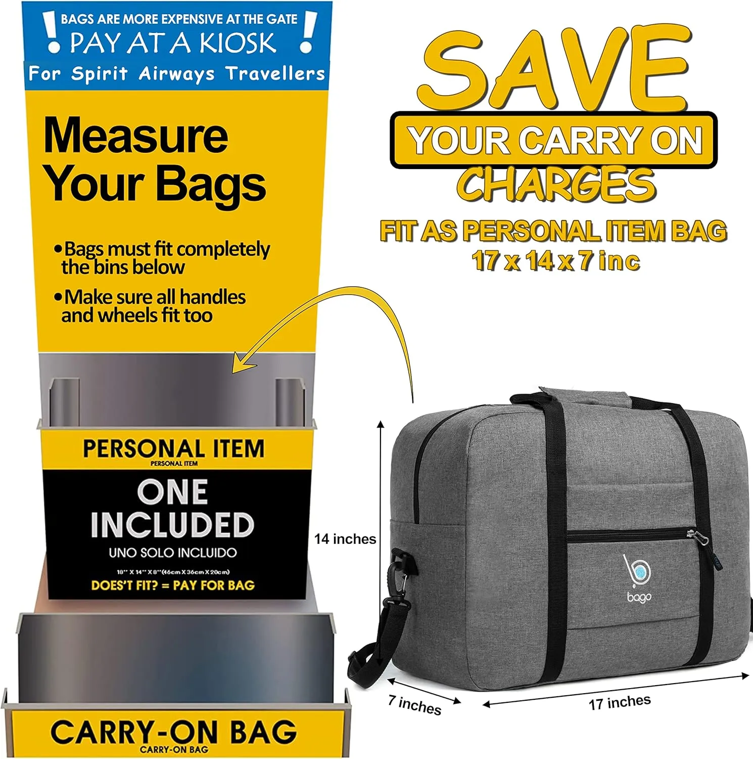 Bago Personal Item Travel Bag For Airlines - Fits As 18x14x8 inches Travel Bag Spirit & Frontier Airlines - Foldable Duffle Bag For Travel - Personal Item Bag Small Carry On Bag For Air Travel