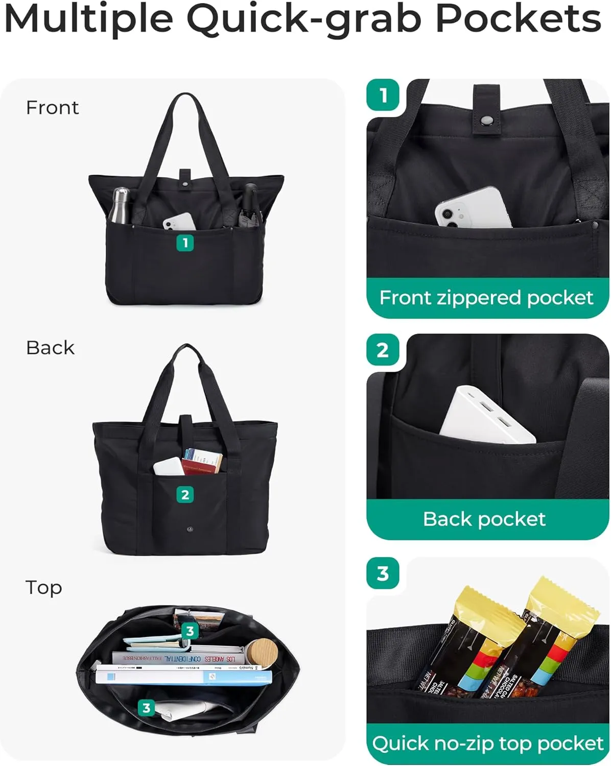 BAGSMART Tote Bag for Women, Foldable Tote Bag With Zipper Travel Large Shoulder Bag Handbag for Work-16.5''l X 6''wx 14''h