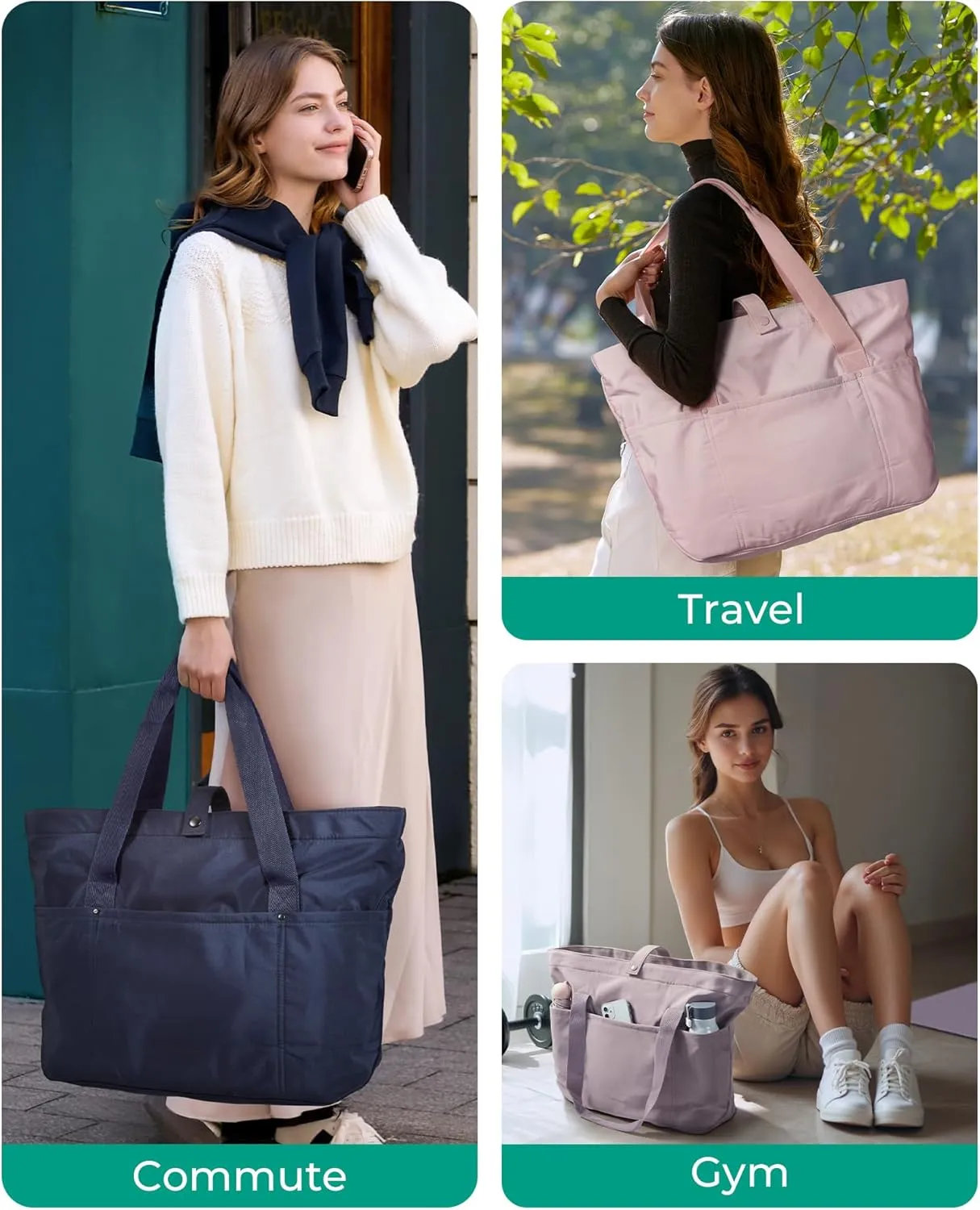 BAGSMART Tote Bag for Women, Foldable Tote Bag With Zipper Travel Large Shoulder Bag Handbag for Work-16.5''l X 6''wx 14''h