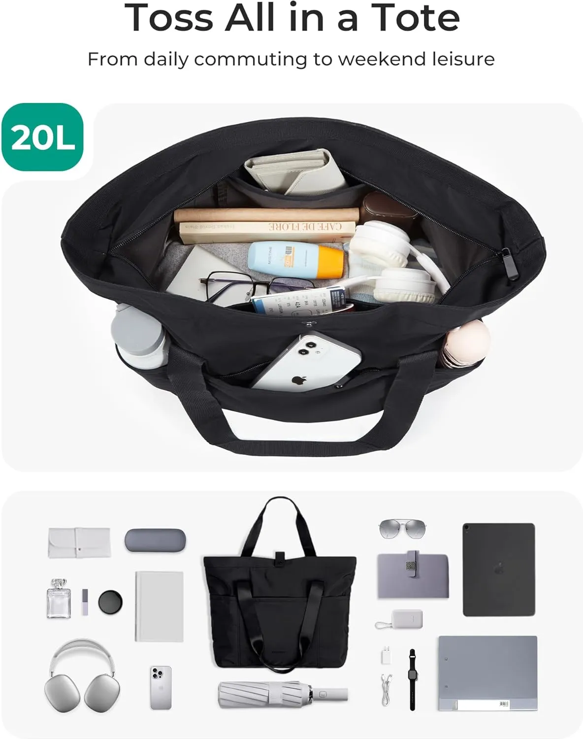 BAGSMART Tote Bag for Women, Foldable Tote Bag With Zipper Travel Large Shoulder Bag Handbag for Work-16.5''l X 6''wx 14''h