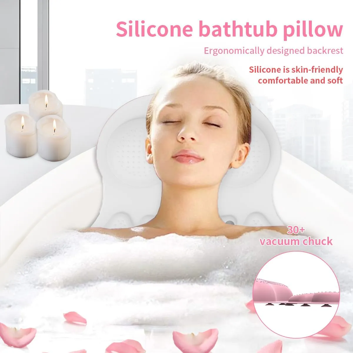 Bathtub Pillow Silicone Bath Pillow for Tub, Slip Proof Bathtub Pillow for Head and Neck Support, Quick Drying, Dirt Resistant Pillow Relaxing Bath Accessories Spa Gifts