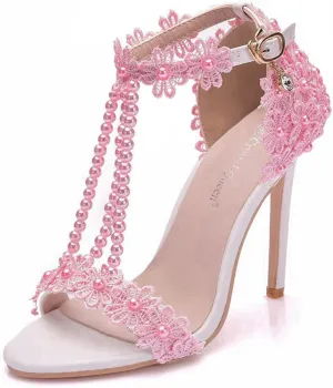 bbruriy Women Full Lace Beaded Pumps Stilettos High Heels with Floral Lace Pearls Beaded T-Strap Open Toe Heeled Sandals Bridal Wedding Party Shoes