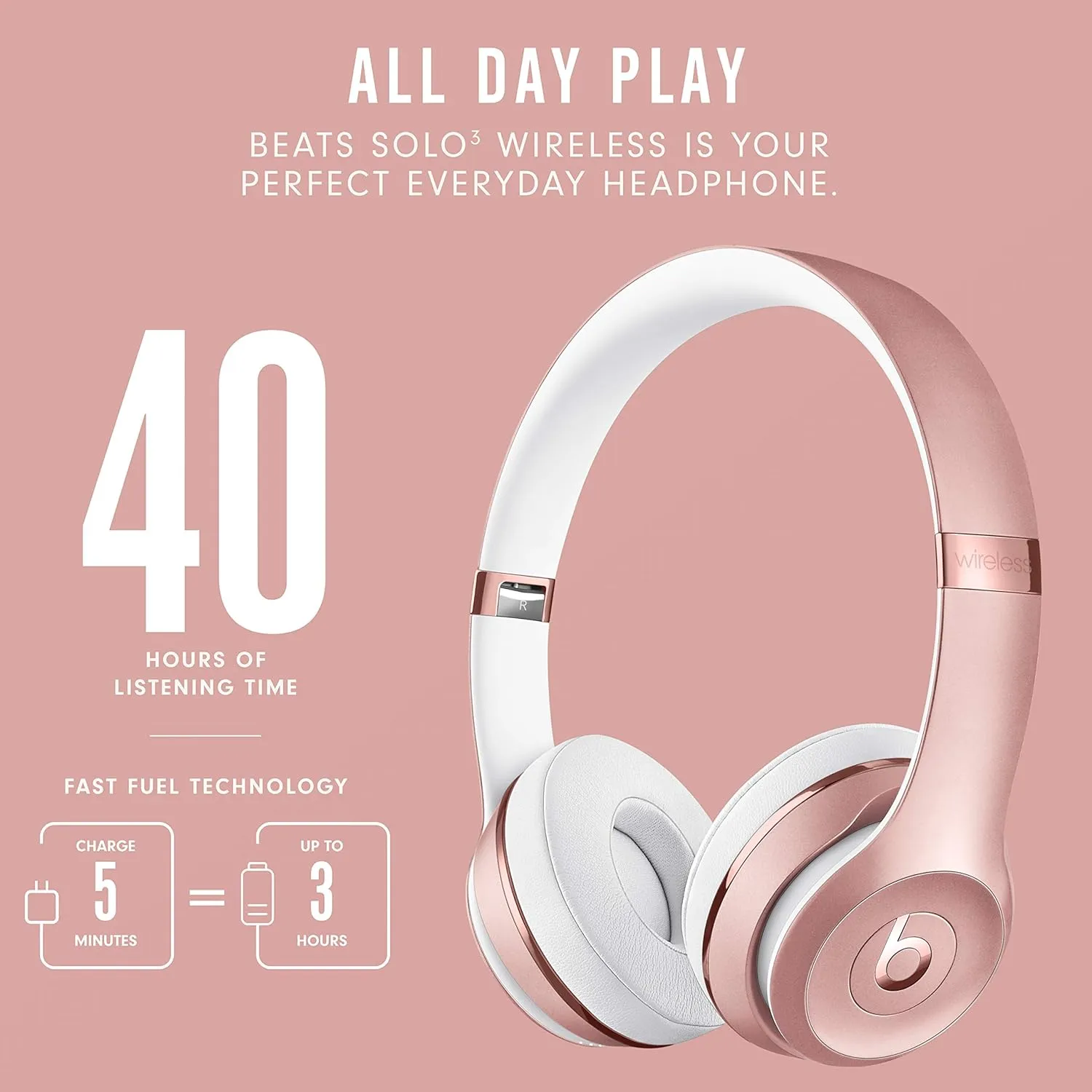 Beats Solo3 Wireless On-Ear Headphones - Apple W1 Headphone Chip, Class 1 Bluetooth, 40 Hours of Listening Time, Built-in Microphone - Rose Gold