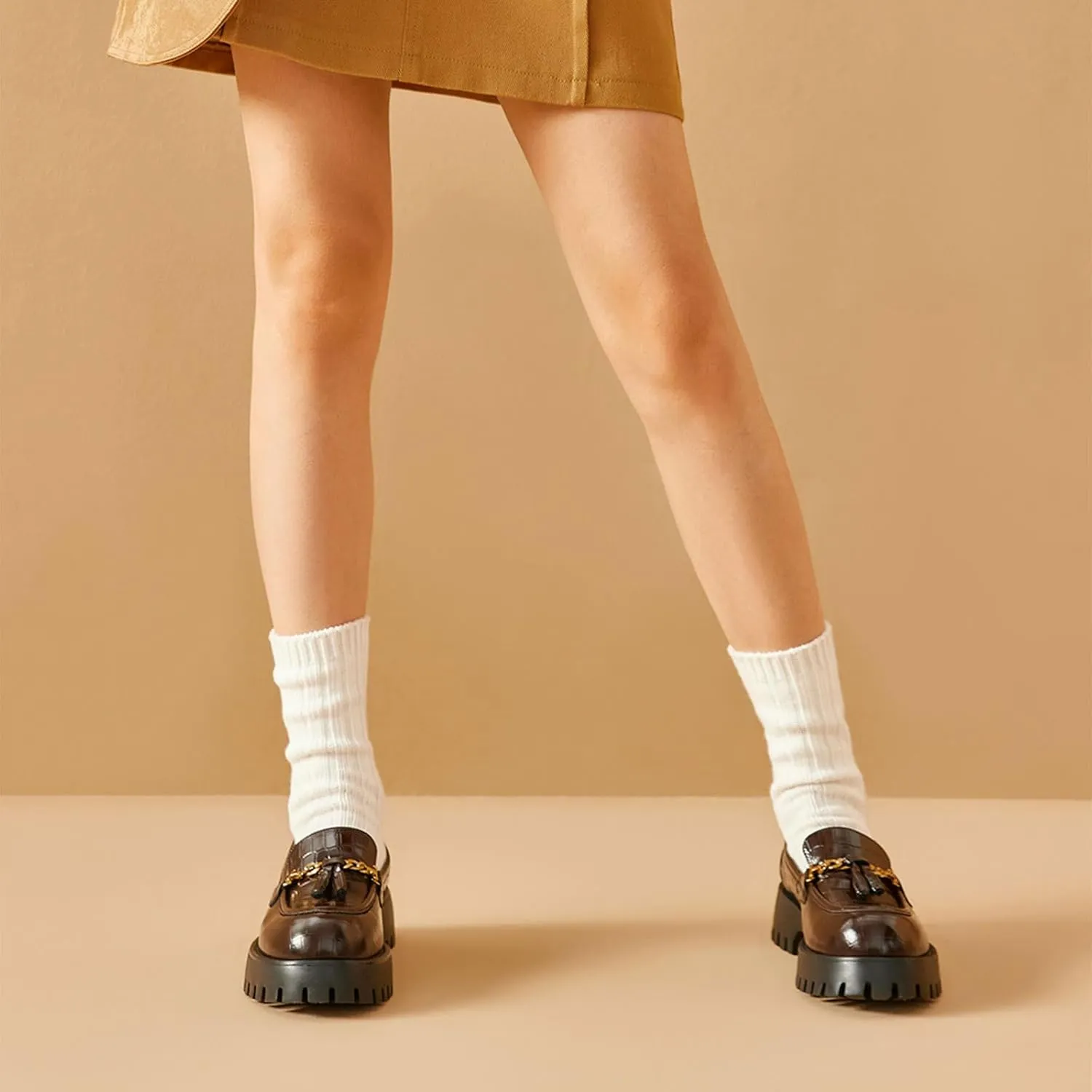 BEAU TODAY Chunky Loafers for Women,Womens Platform Loafer Shoes,Chunky Heel Lug Sole Slip-on Metal Chain Shoes,Comfort Round Toe Business Work Office Shoes
