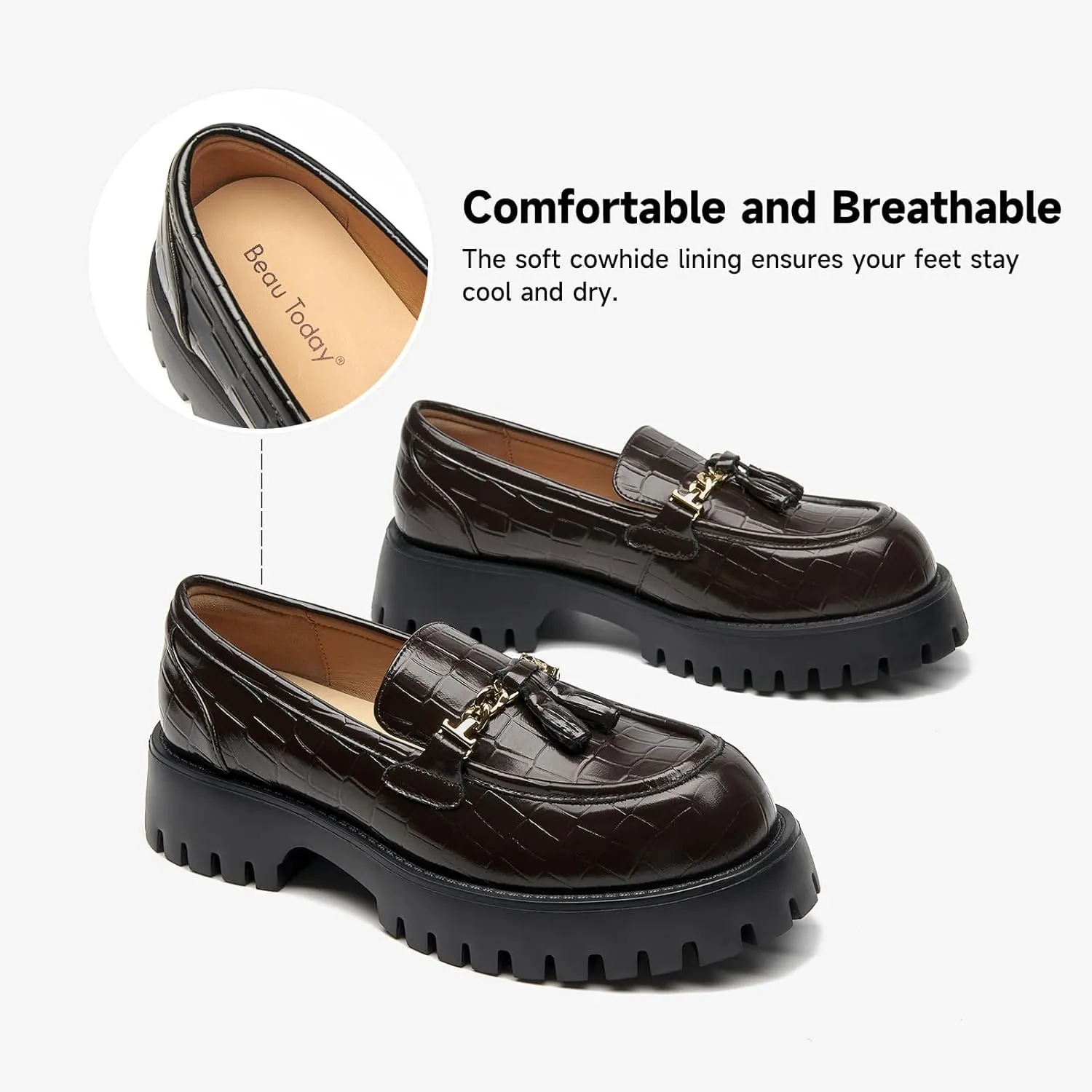 BEAU TODAY Chunky Loafers for Women,Womens Platform Loafer Shoes,Chunky Heel Lug Sole Slip-on Metal Chain Shoes,Comfort Round Toe Business Work Office Shoes