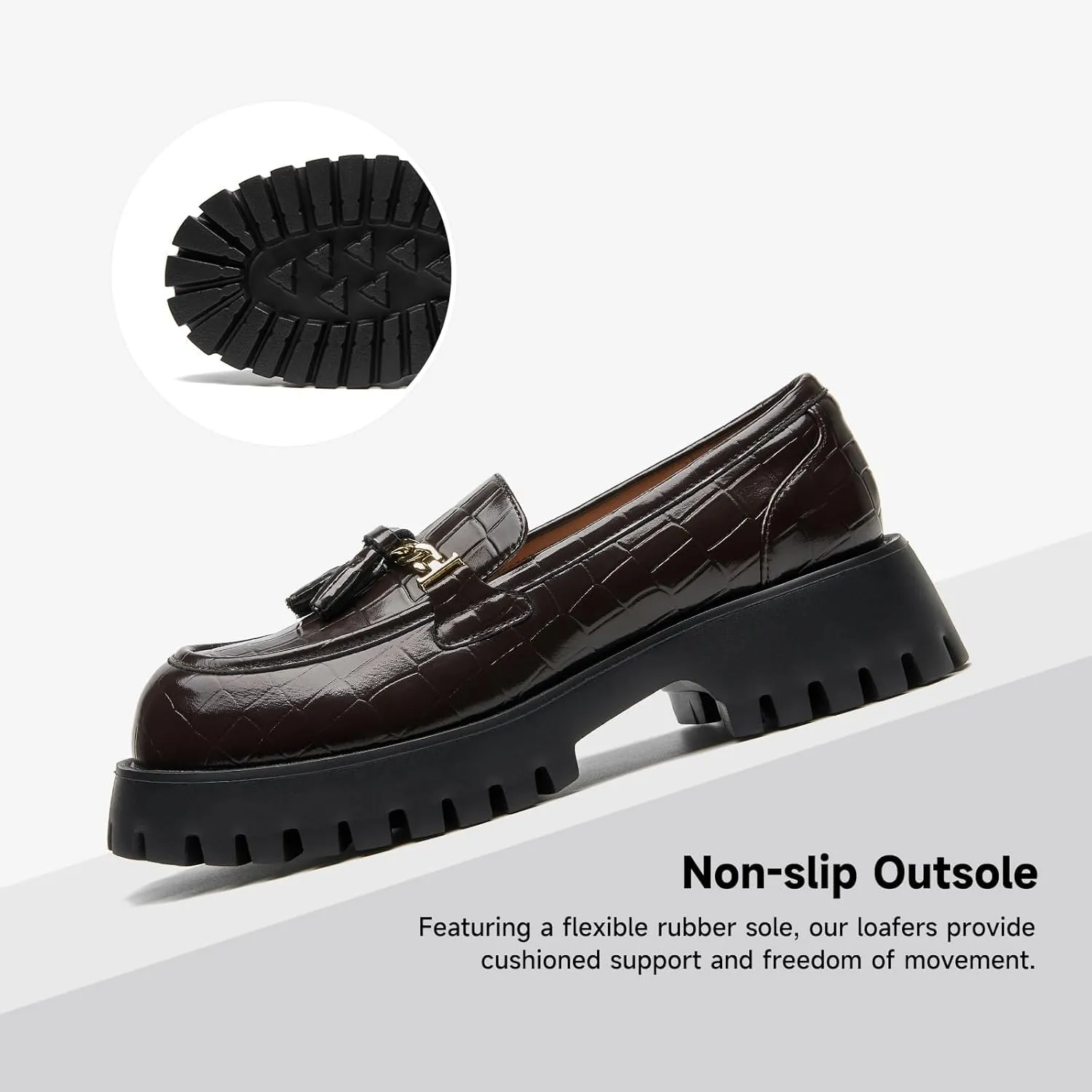 BEAU TODAY Chunky Loafers for Women,Womens Platform Loafer Shoes,Chunky Heel Lug Sole Slip-on Metal Chain Shoes,Comfort Round Toe Business Work Office Shoes
