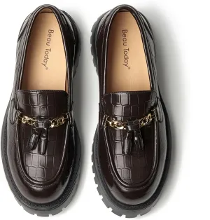 BEAU TODAY Chunky Loafers for Women,Womens Platform Loafer Shoes,Chunky Heel Lug Sole Slip-on Metal Chain Shoes,Comfort Round Toe Business Work Office Shoes