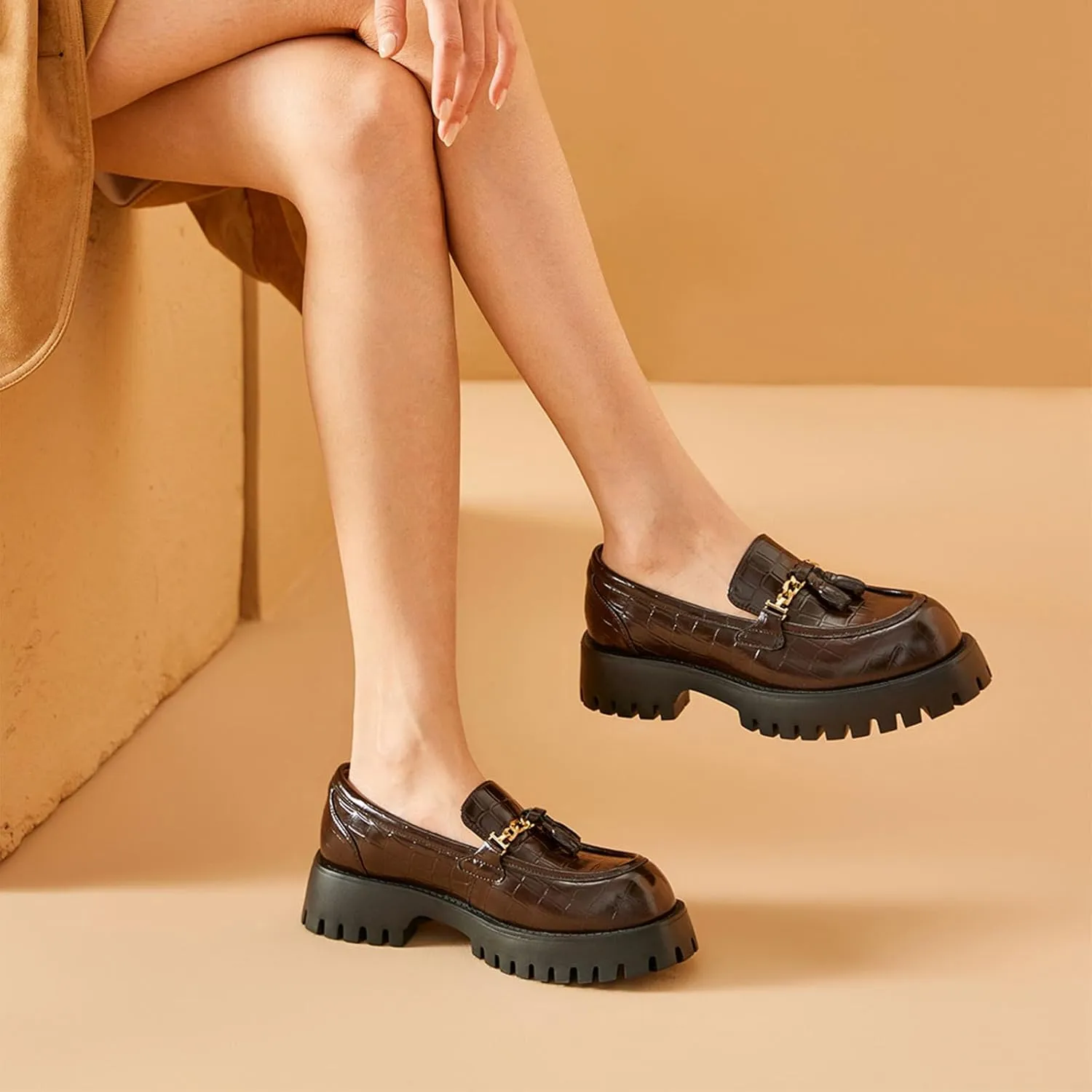 BEAU TODAY Chunky Loafers for Women,Womens Platform Loafer Shoes,Chunky Heel Lug Sole Slip-on Metal Chain Shoes,Comfort Round Toe Business Work Office Shoes