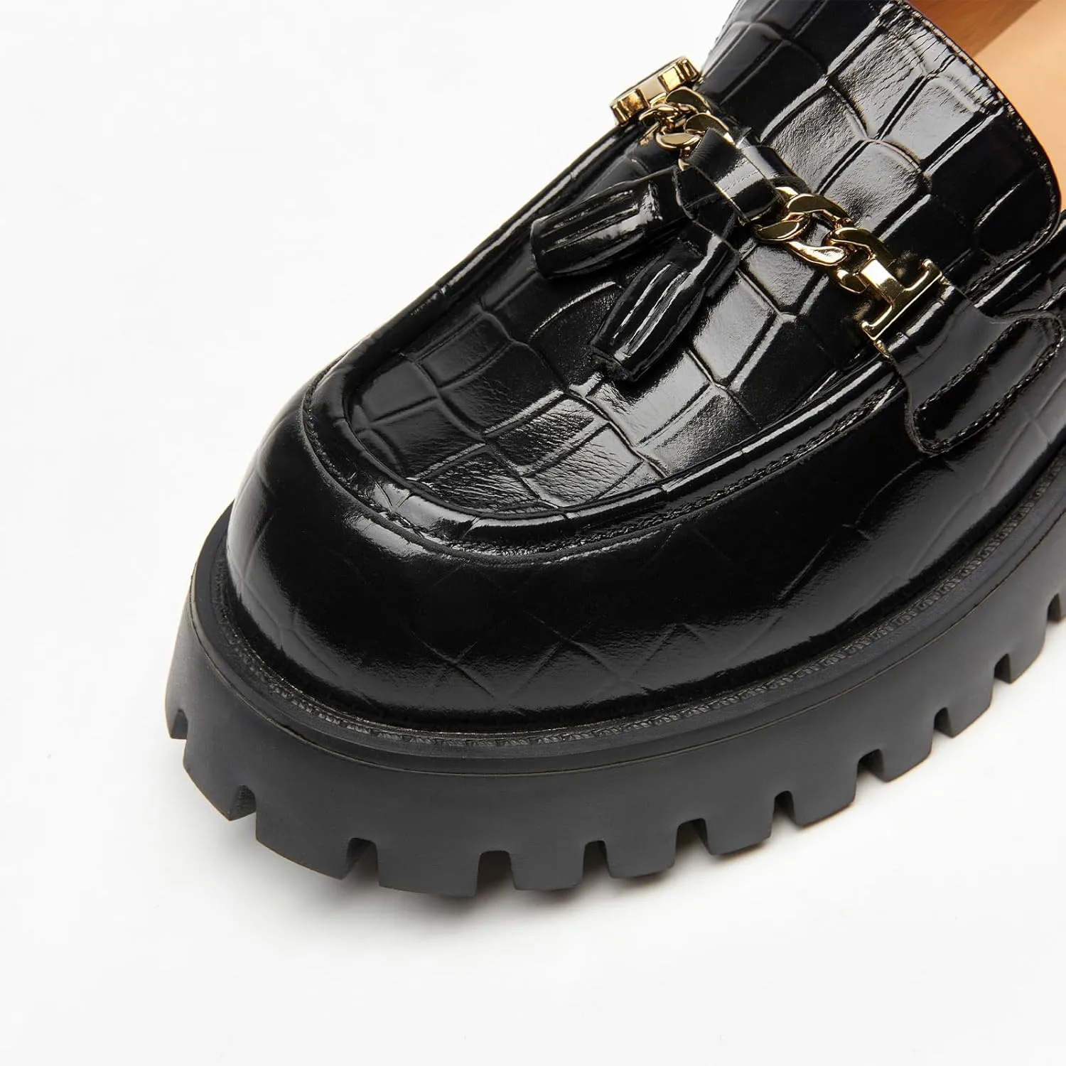 BEAU TODAY Chunky Loafers for Women,Womens Platform Loafer Shoes,Chunky Heel Lug Sole Slip-on Metal Chain Shoes,Comfort Round Toe Business Work Office Shoes