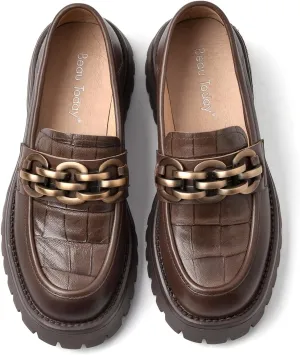 BEAU TODAY Chunky Loafers Women,Leather Platform Loafers for Women,Lug Sole Slip On Chain Shoes,Comfortable Work Office Business Casual Office Dress Shoes