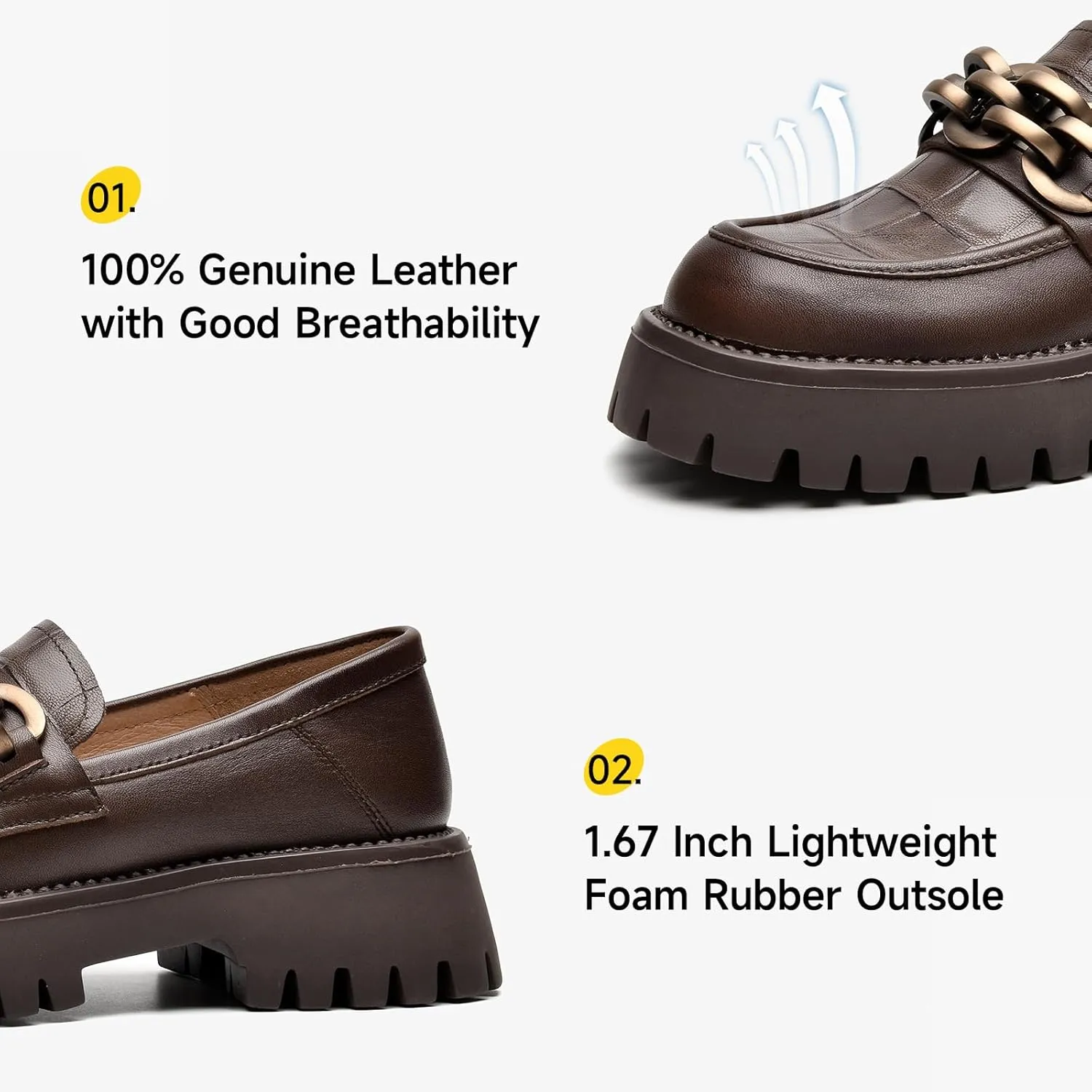 BEAU TODAY Chunky Loafers Women,Leather Platform Loafers for Women,Lug Sole Slip On Chain Shoes,Comfortable Work Office Business Casual Office Dress Shoes