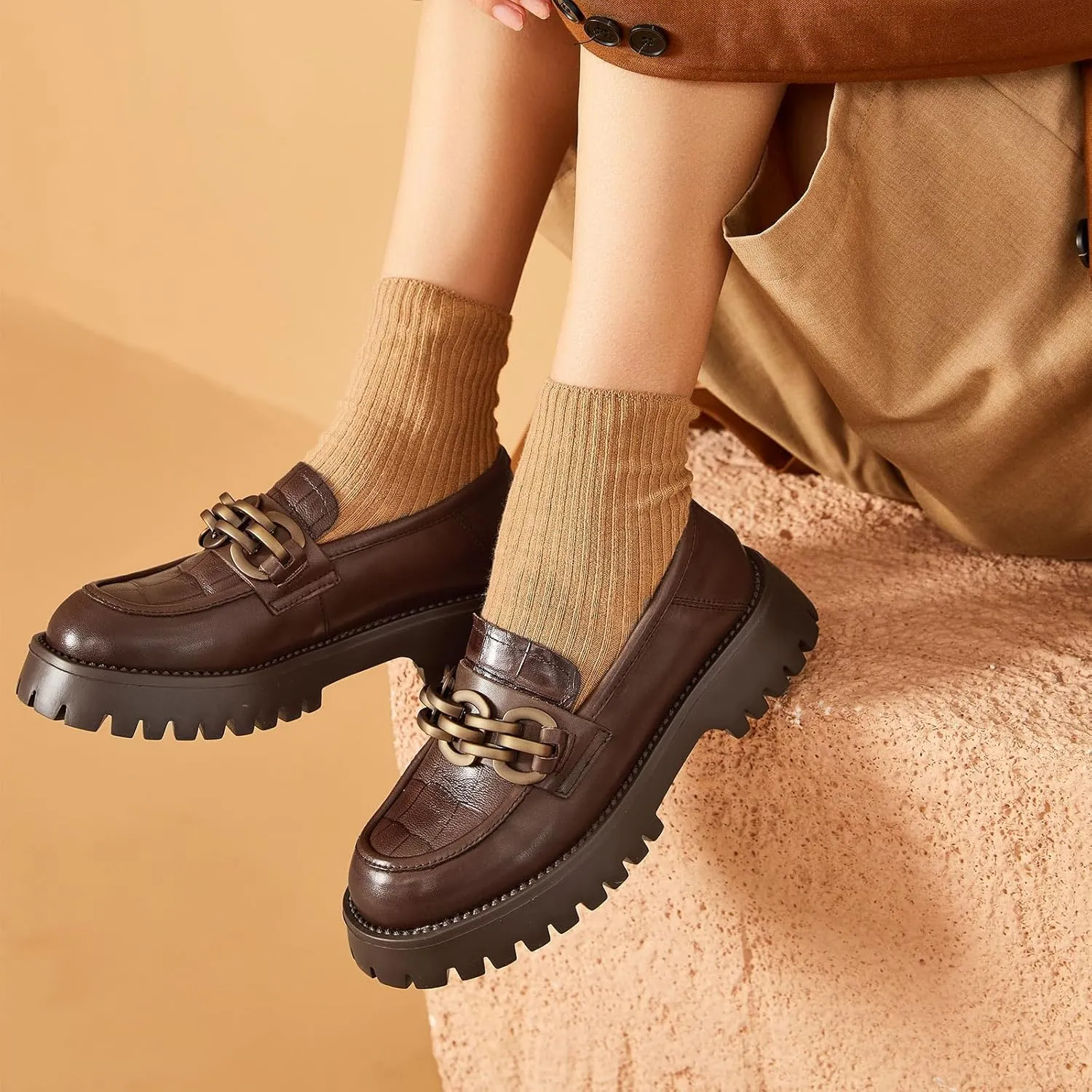 BEAU TODAY Chunky Loafers Women,Leather Platform Loafers for Women,Lug Sole Slip On Chain Shoes,Comfortable Work Office Business Casual Office Dress Shoes