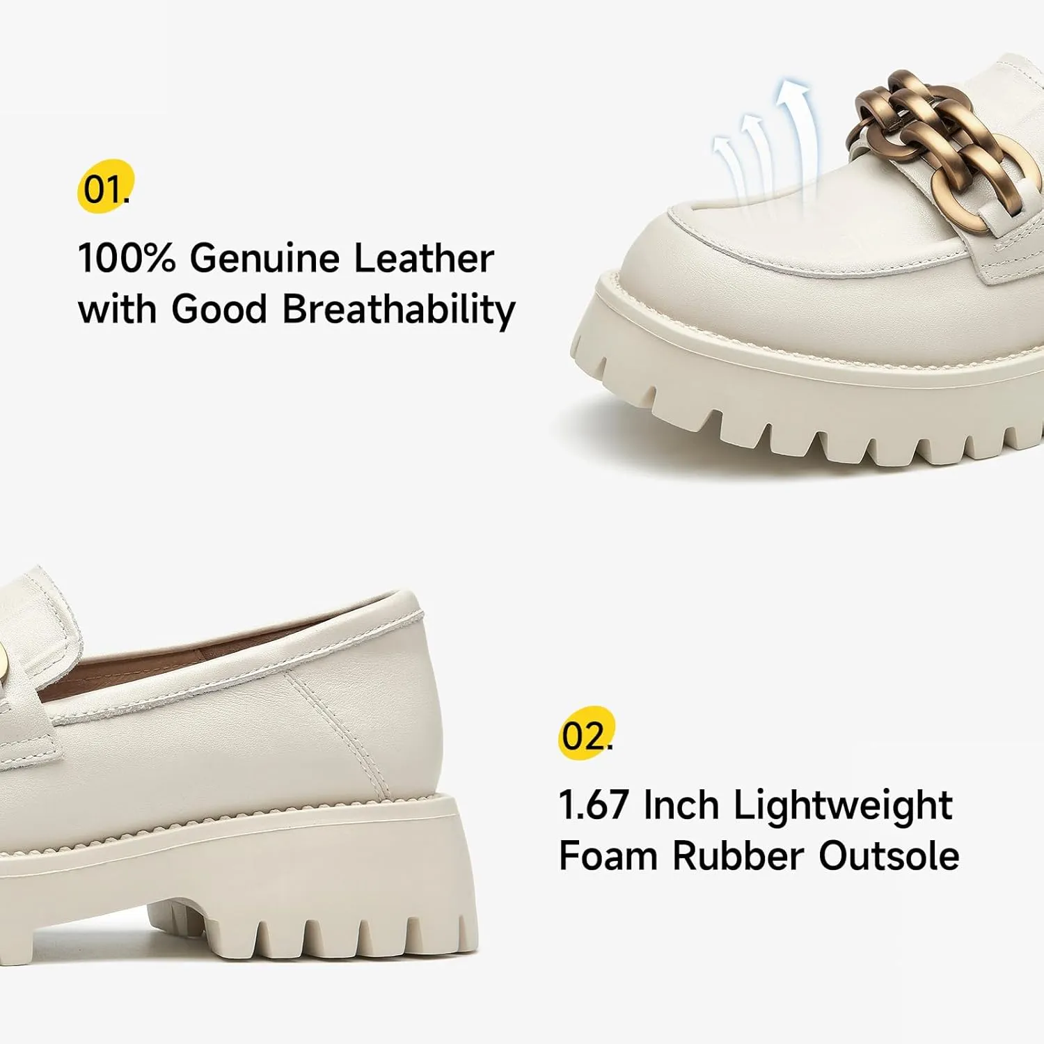 BEAU TODAY Chunky Loafers Women,Leather Platform Loafers for Women,Lug Sole Slip On Chain Shoes,Comfortable Work Office Business Casual Office Dress Shoes