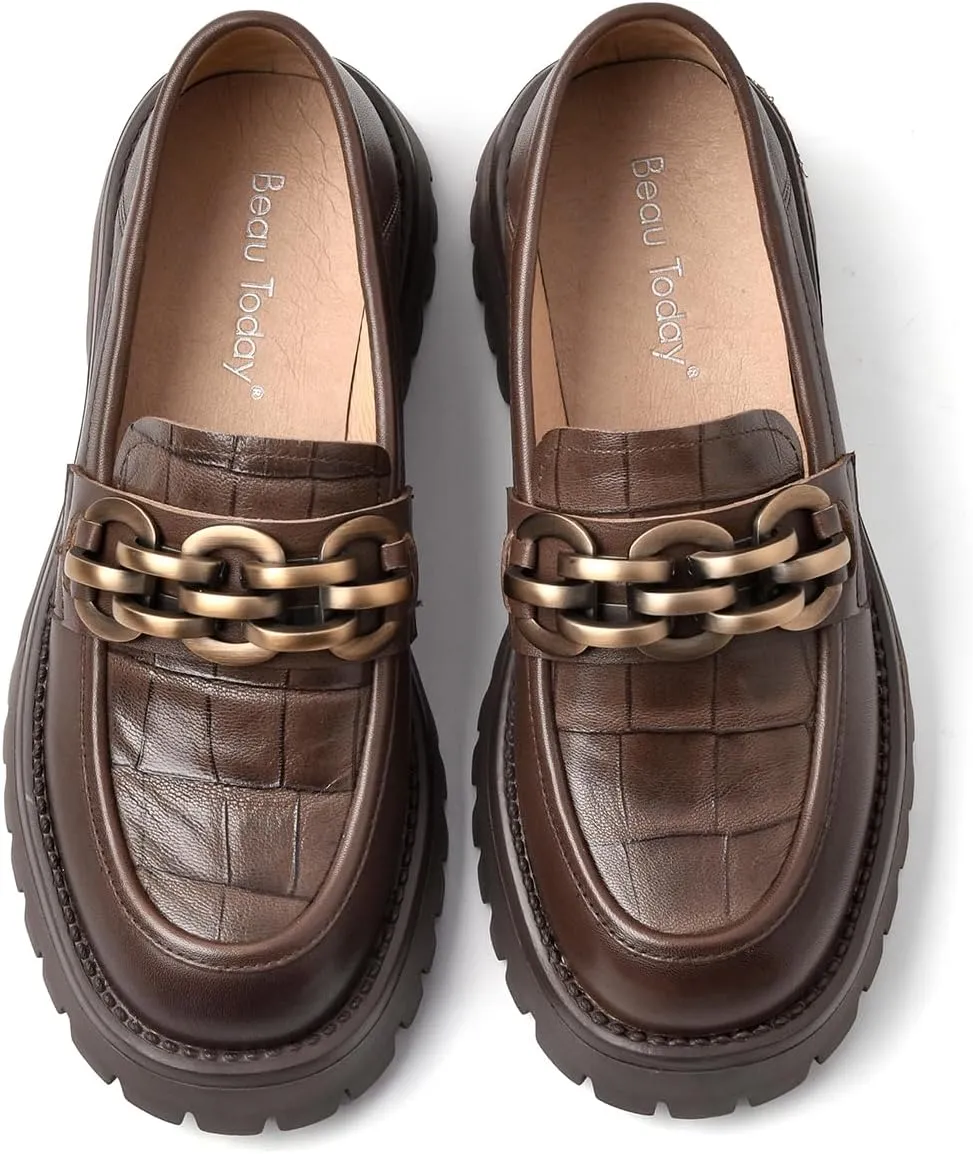 BEAU TODAY Chunky Loafers Women,Leather Platform Loafers for Women,Lug Sole Slip On Chain Shoes,Comfortable Work Office Business Casual Office Dress Shoes