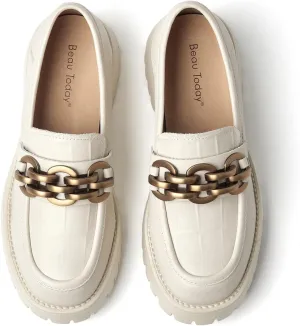 BEAU TODAY Chunky Loafers Women,Leather Platform Loafers for Women,Lug Sole Slip On Chain Shoes,Comfortable Work Office Business Casual Office Dress Shoes