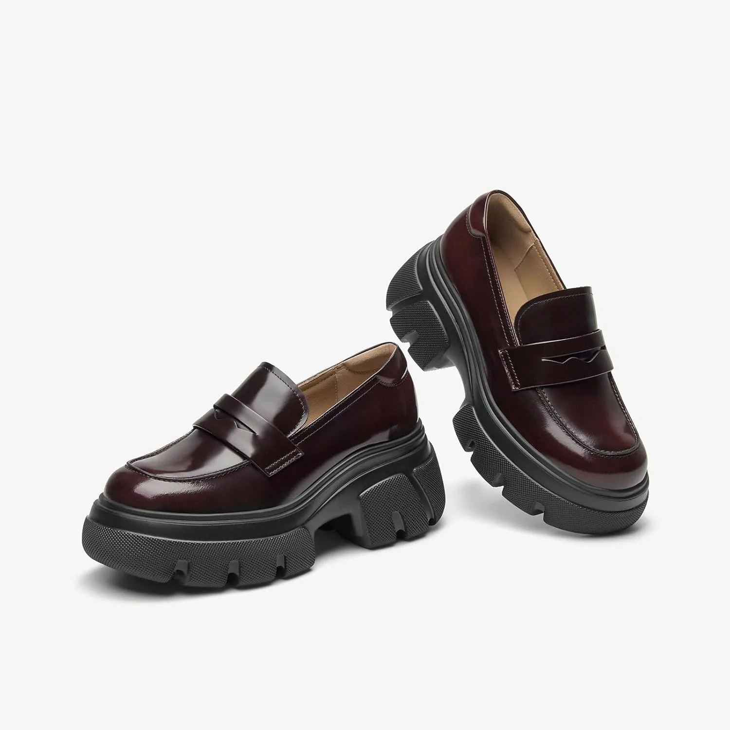 BEAU TODAY Womens Fashion Platform Loafers, Comfort Slip-on Leather Loafers with Chunky Heel, Round Toe Business Work Shoes