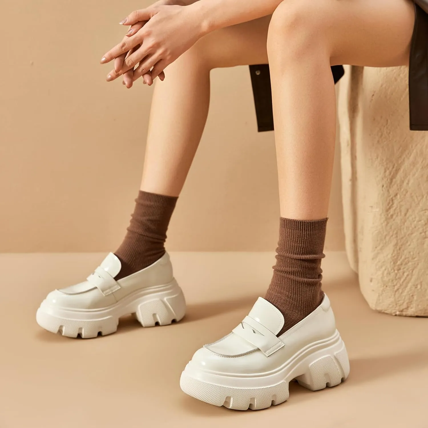BEAU TODAY Womens Fashion Platform Loafers, Comfort Slip-on Leather Loafers with Chunky Heel, Round Toe Business Work Shoes