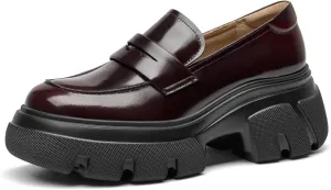 BEAU TODAY Womens Fashion Platform Loafers, Comfort Slip-on Leather Loafers with Chunky Heel, Round Toe Business Work Shoes