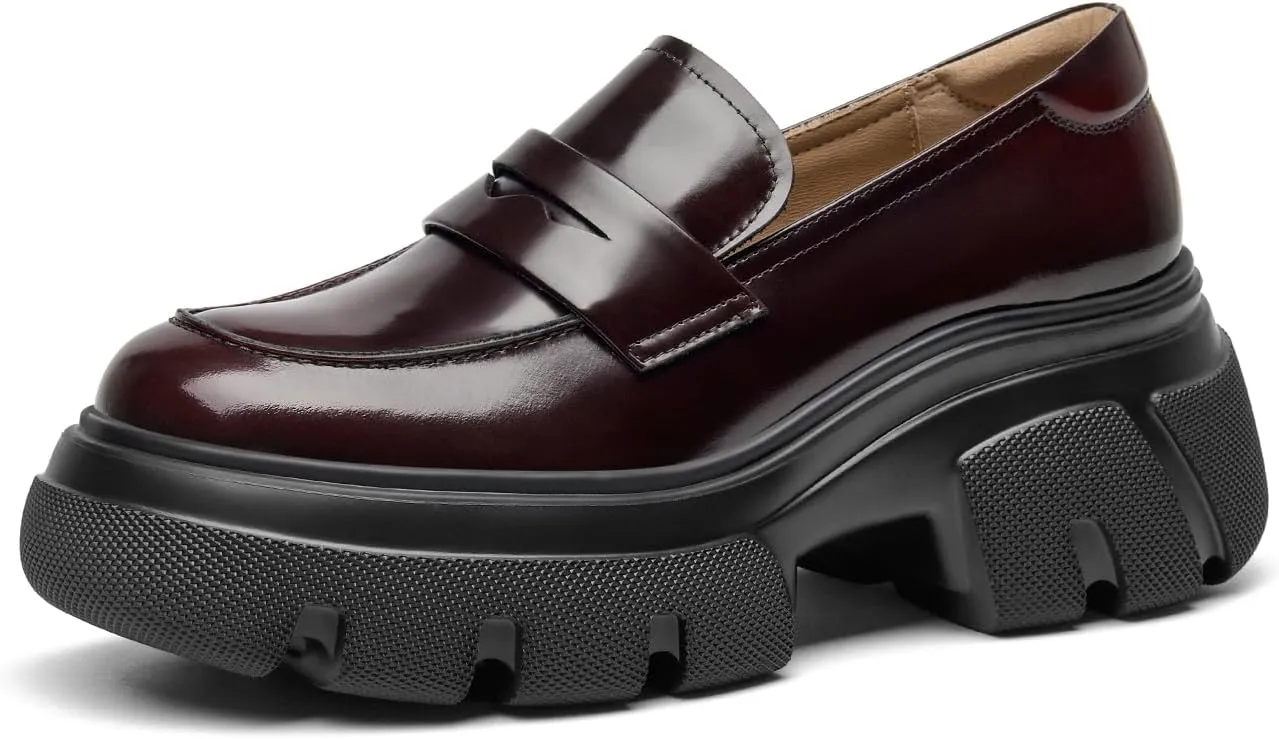 BEAU TODAY Womens Fashion Platform Loafers, Comfort Slip-on Leather Loafers with Chunky Heel, Round Toe Business Work Shoes