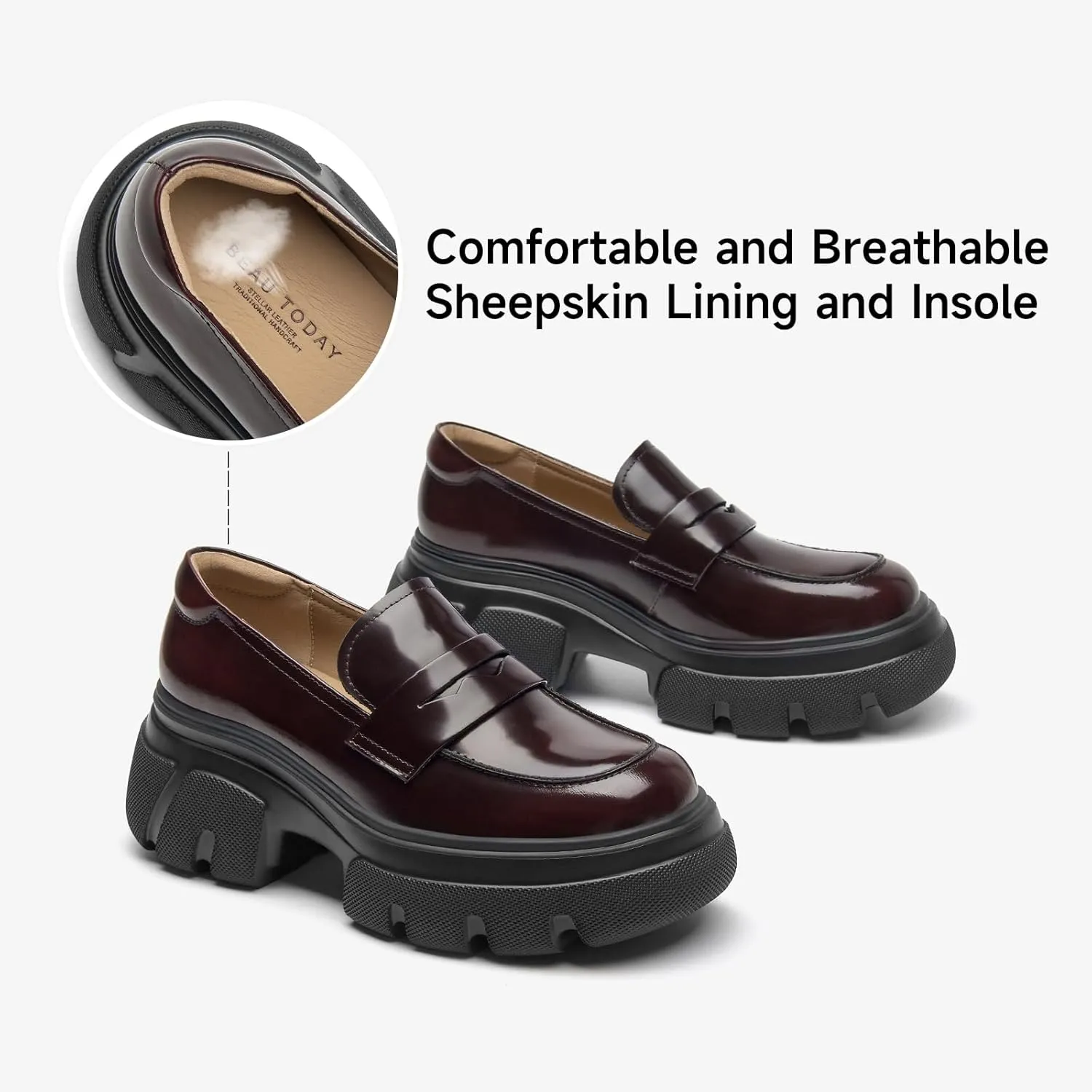 BEAU TODAY Womens Fashion Platform Loafers, Comfort Slip-on Leather Loafers with Chunky Heel, Round Toe Business Work Shoes