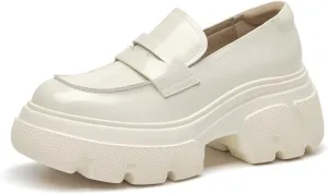 BEAU TODAY Womens Fashion Platform Loafers, Comfort Slip-on Leather Loafers with Chunky Heel, Round Toe Business Work Shoes