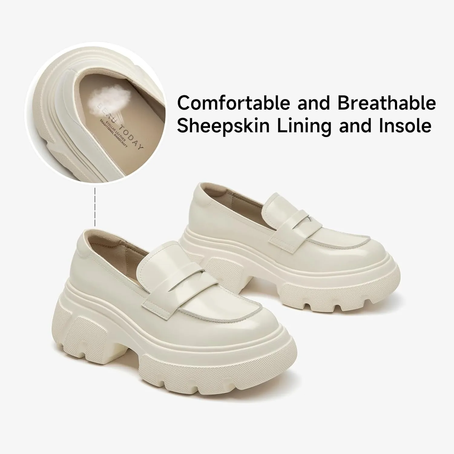BEAU TODAY Womens Fashion Platform Loafers, Comfort Slip-on Leather Loafers with Chunky Heel, Round Toe Business Work Shoes