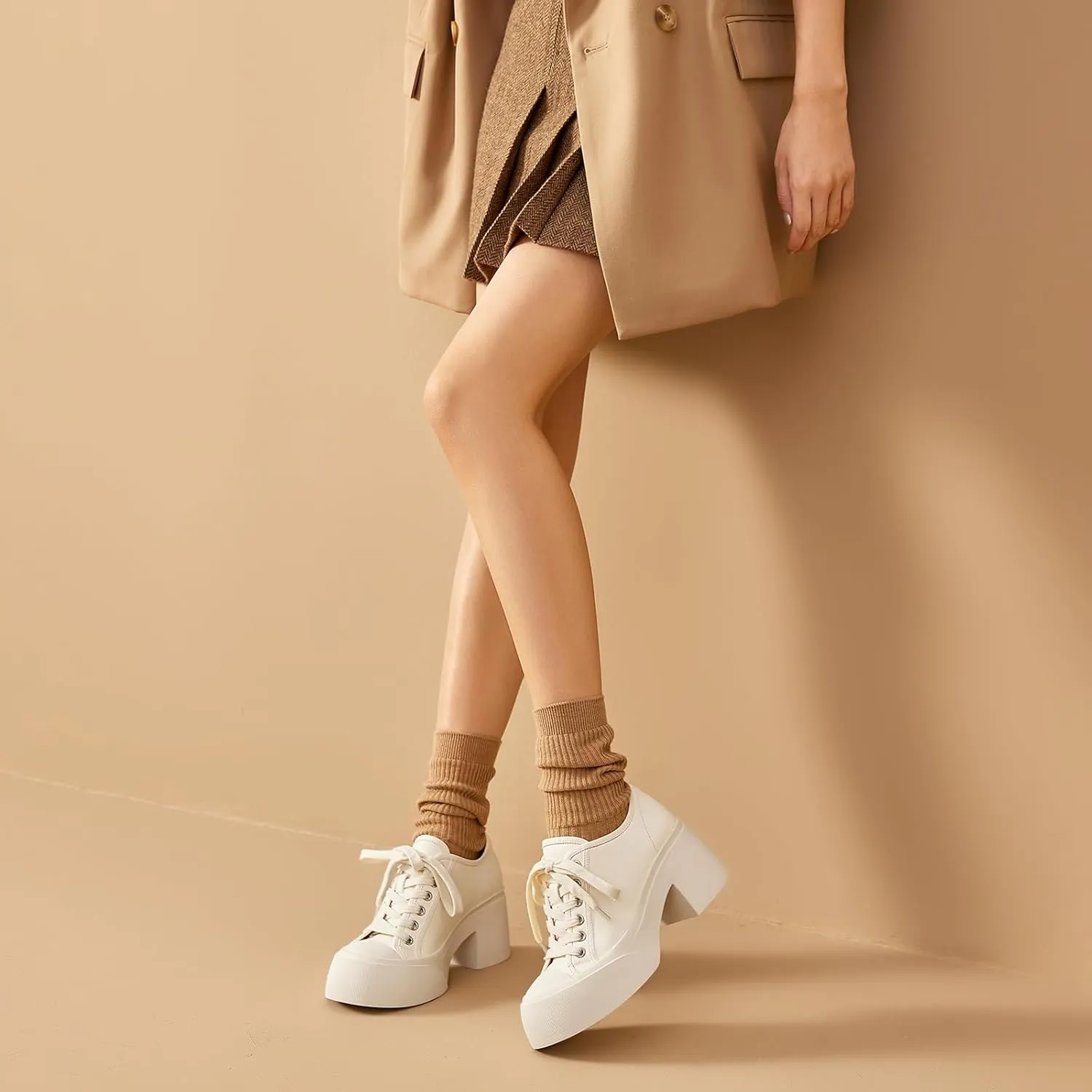 BEAU TODAY Women's Platform Pumps, Genuine Leather Chunky Block Heels for Women, Lace Up Round Toe Oxford Heels for Women, Comfortable Casual Work Office Dress Pumps Shoes