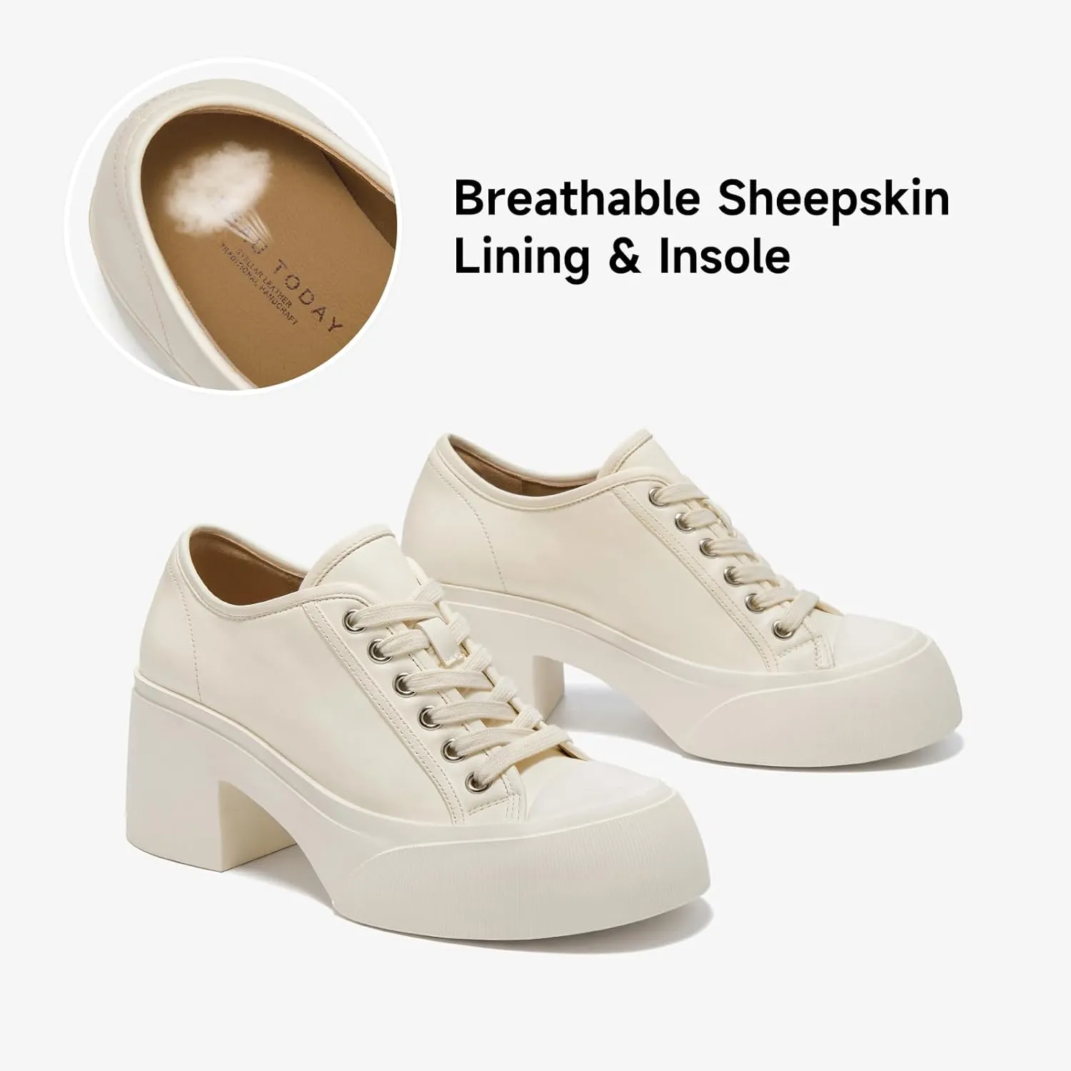 BEAU TODAY Women's Platform Pumps, Genuine Leather Chunky Block Heels for Women, Lace Up Round Toe Oxford Heels for Women, Comfortable Casual Work Office Dress Pumps Shoes