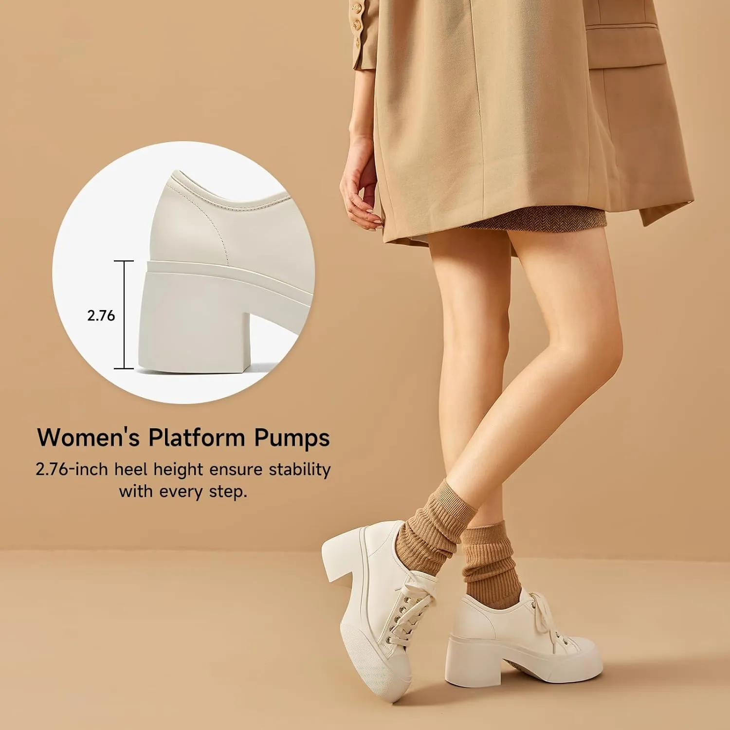 BEAU TODAY Women's Platform Pumps, Genuine Leather Chunky Block Heels for Women, Lace Up Round Toe Oxford Heels for Women, Comfortable Casual Work Office Dress Pumps Shoes