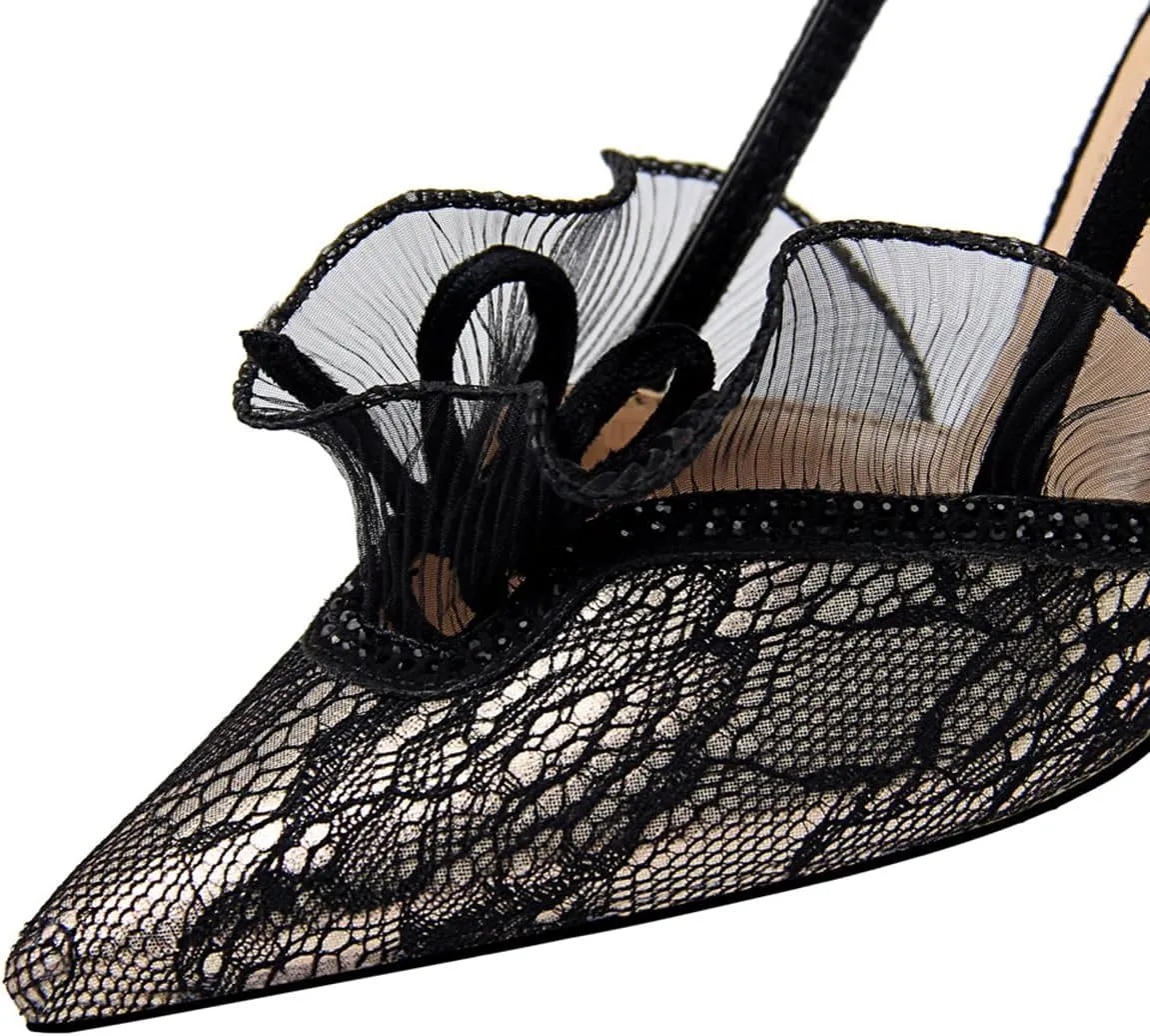 BEAUPAS Women's Pointed Toe Slingback Heels Lace Mesh High Stiletto Pumps