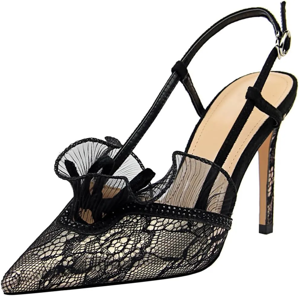 BEAUPAS Women's Pointed Toe Slingback Heels Lace Mesh High Stiletto Pumps