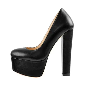 Black Faux Leather Platform Chunky High Heels