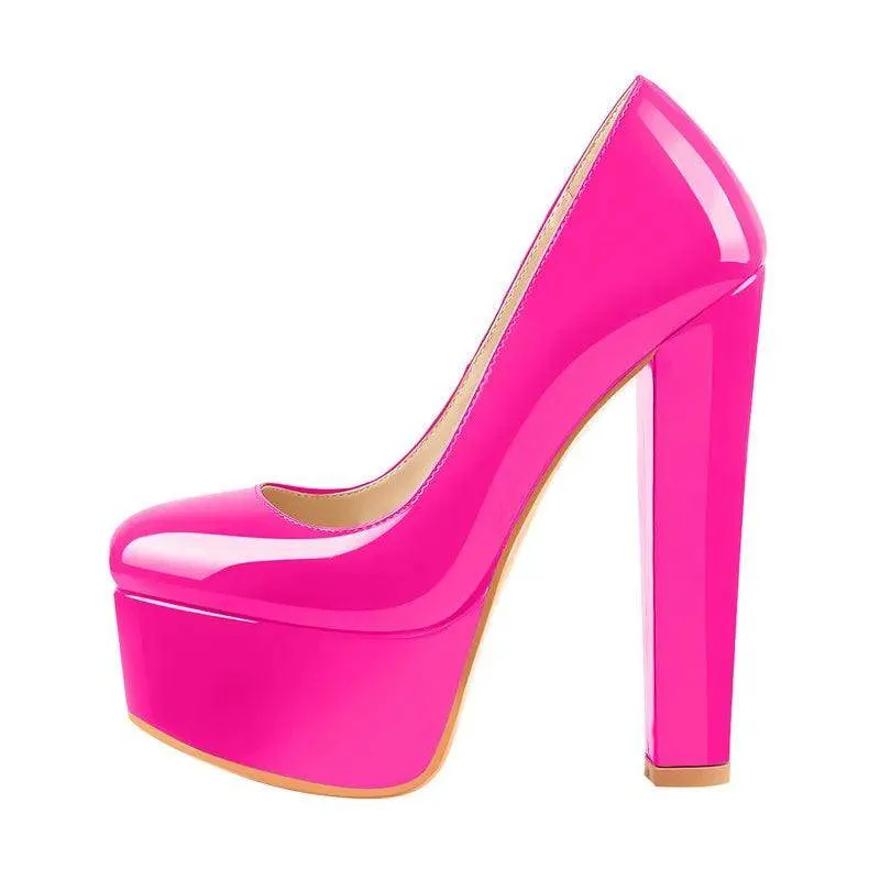 Black Faux Leather Platform Chunky High Heels
