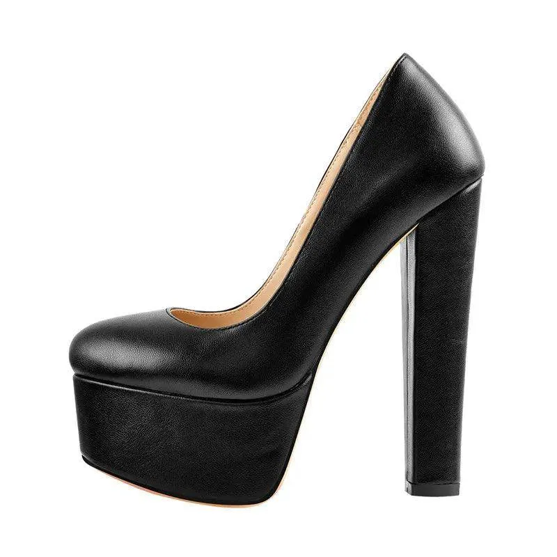 Black Faux Leather Platform Chunky High Heels