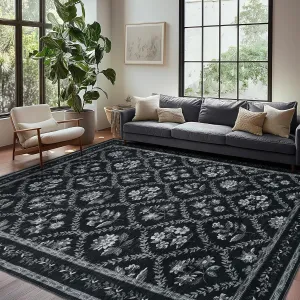 Black Floral Rug 5x7 Machine Washable Area Rug for Living Room Vintage Floral Low Pile Distressed Carpet for Dining Room, Bedroom Indoor Foldable Non-Slip Black Grey and White