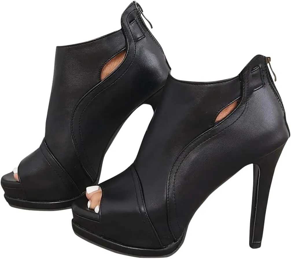 Black Peep Toe Stilettos Platform High Heel Ankle Boots