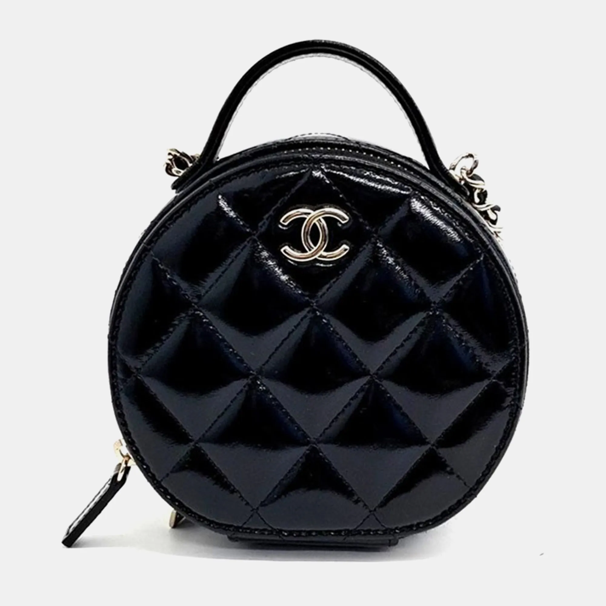 Black Shiny Leather Round Top Handle Bag
