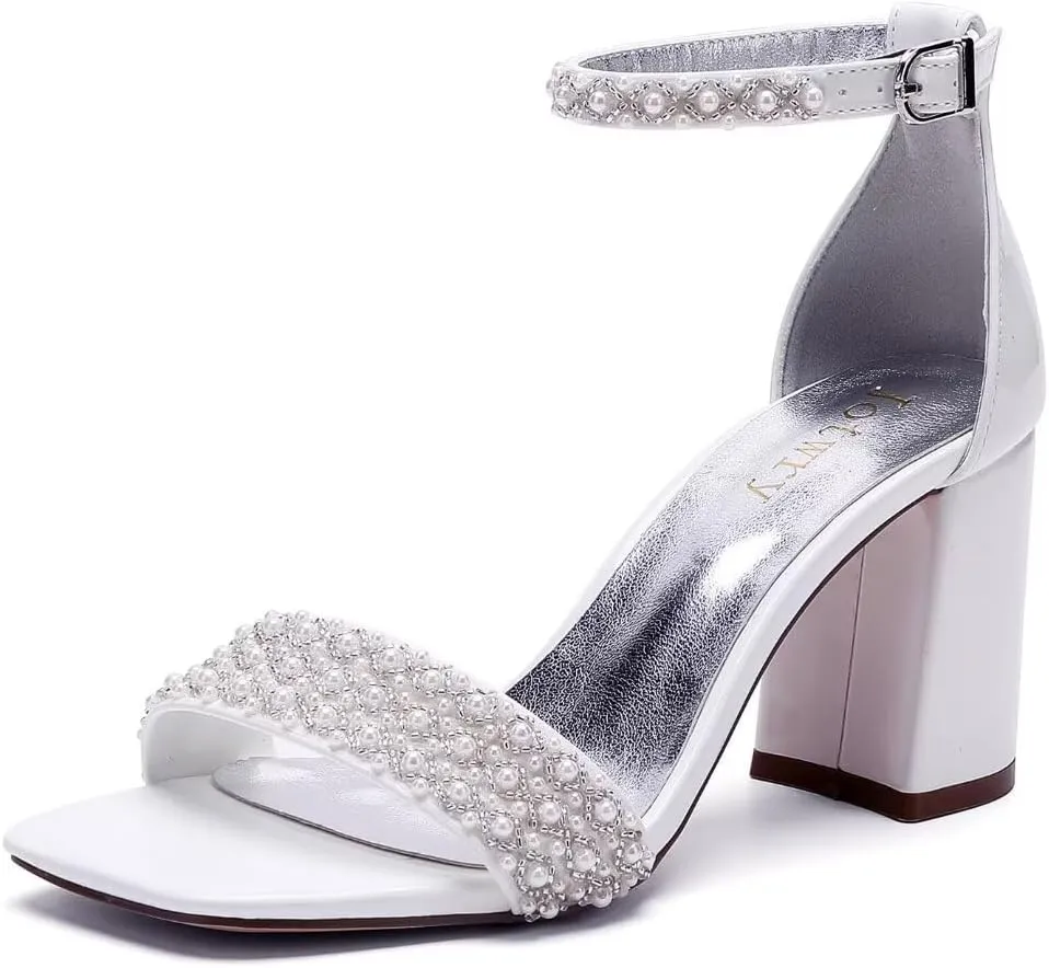 Block Heel Wedding Sandals Pearl Wedding Shoes Square Open Toe Wedding Chunky Heels Bridal Shoes