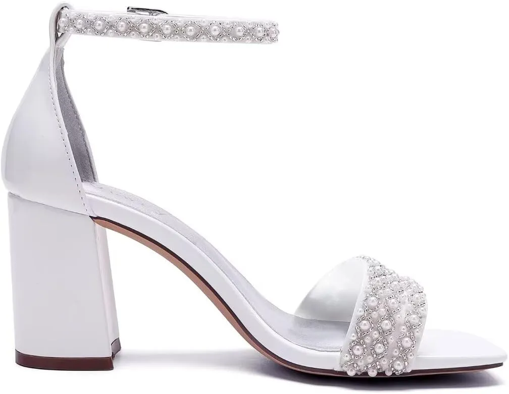 Block Heel Wedding Sandals Pearl Wedding Shoes Square Open Toe Wedding Chunky Heels Bridal Shoes