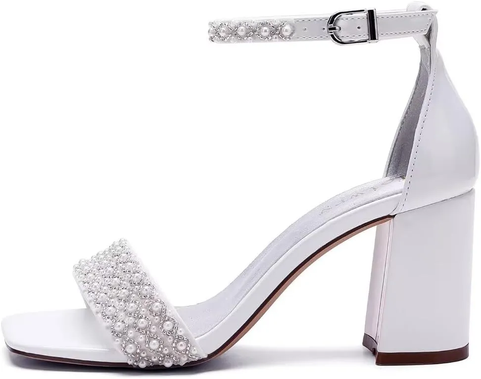 Block Heel Wedding Sandals Pearl Wedding Shoes Square Open Toe Wedding Chunky Heels Bridal Shoes