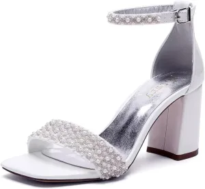 Block Heel Wedding Sandals Pearl Wedding Shoes Square Open Toe Wedding Chunky Heels Bridal Shoes