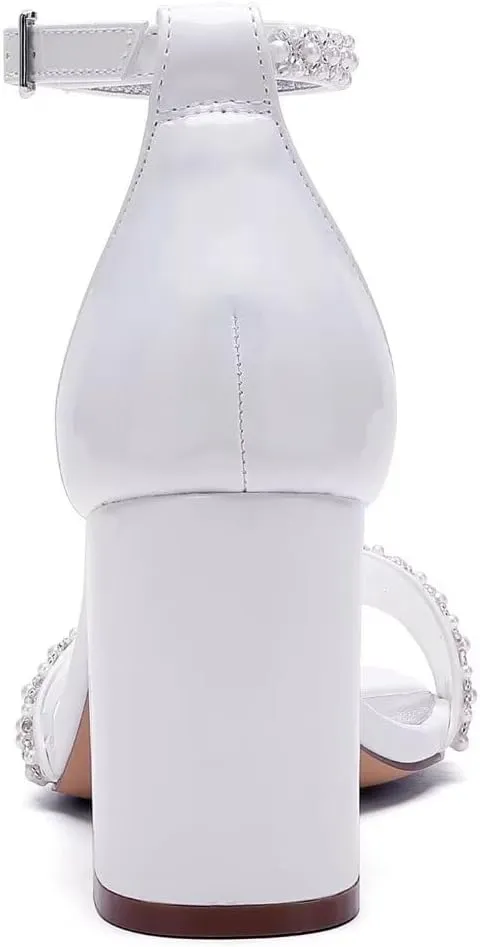 Block Heel Wedding Sandals Pearl Wedding Shoes Square Open Toe Wedding Chunky Heels Bridal Shoes