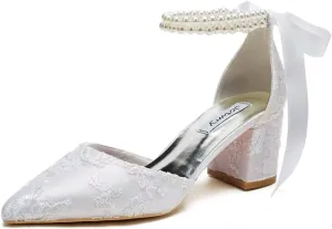 Block Heel Wedding Shoes for Bride Pointed Toe Pearl Wedding Heels Bridal Shoes