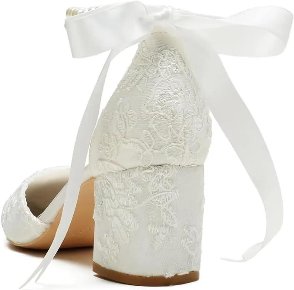 Block Heel Wedding Shoes for Bride Pointed Toe Pearl Wedding Heels Bridal Shoes
