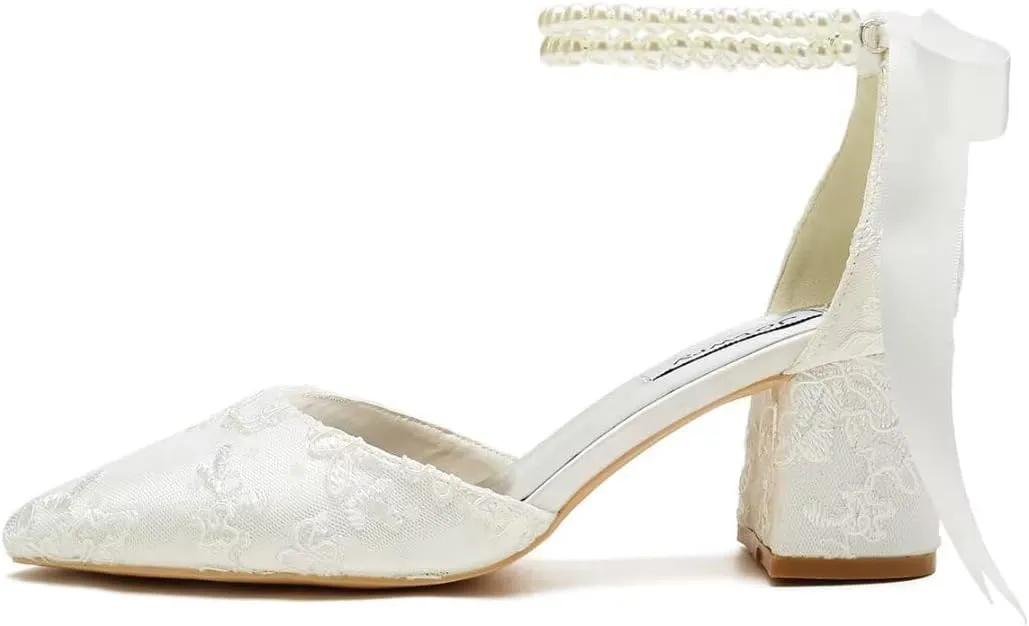 Block Heel Wedding Shoes for Bride Pointed Toe Pearl Wedding Heels Bridal Shoes