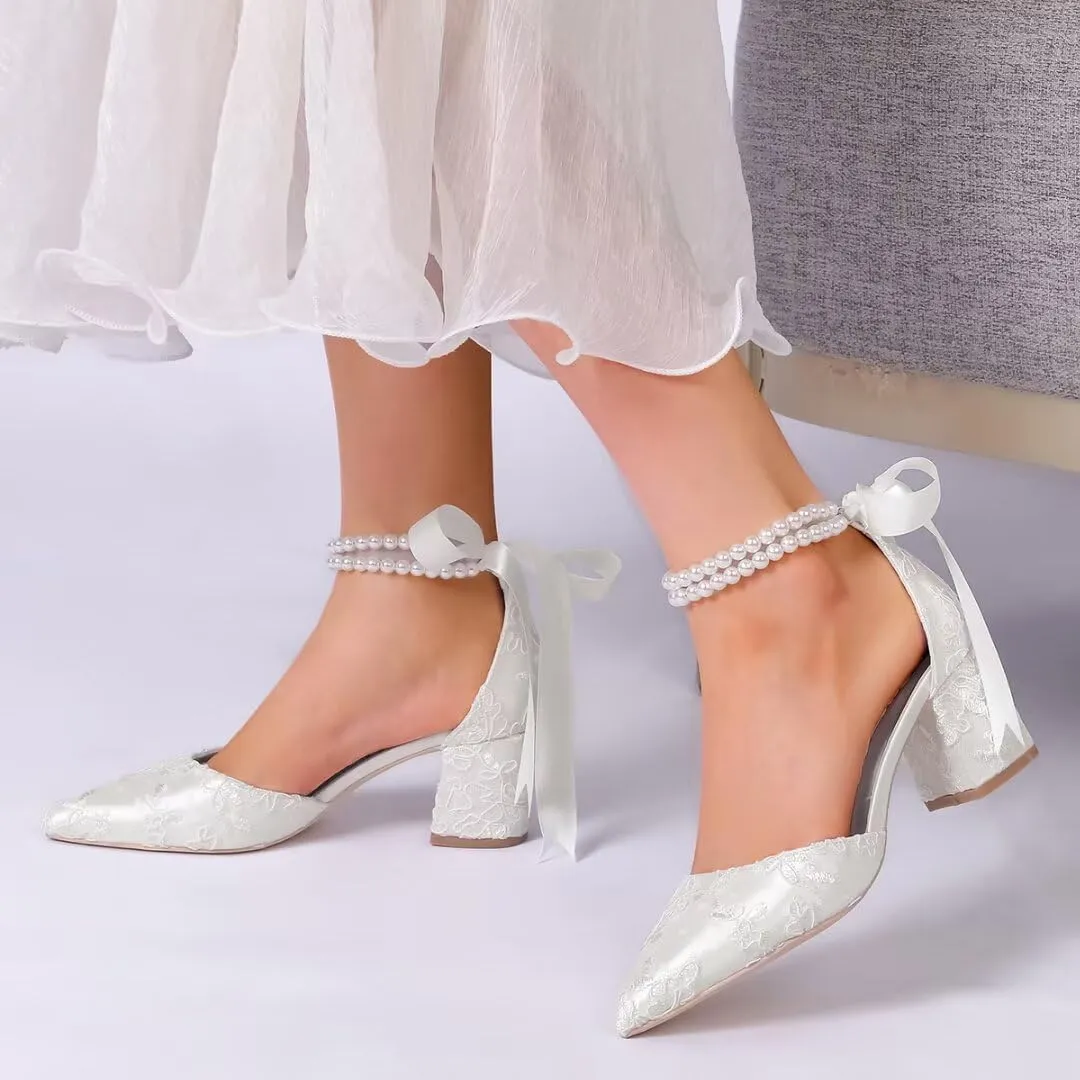 Block Heel Wedding Shoes for Bride Pointed Toe Pearl Wedding Heels Bridal Shoes