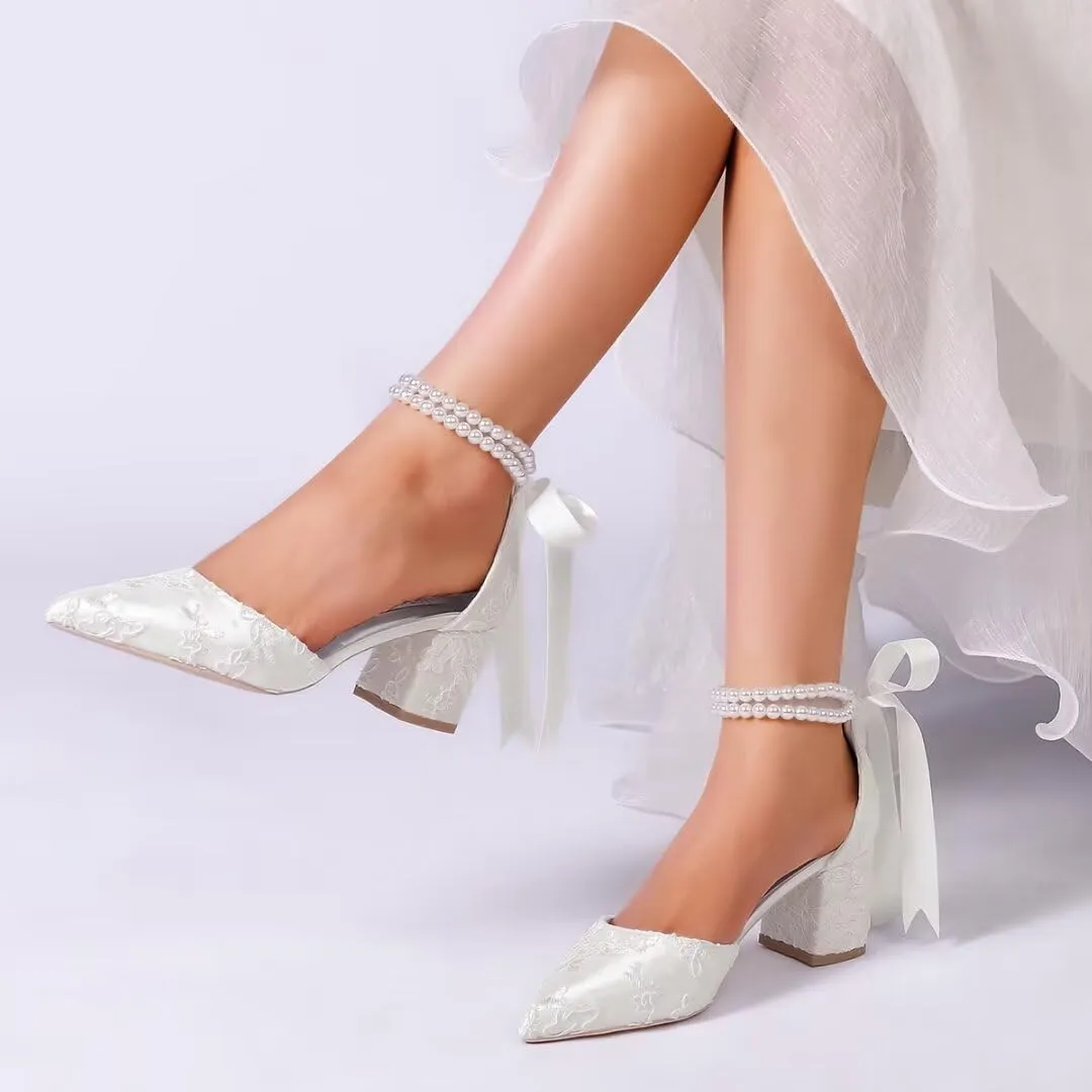 Block Heel Wedding Shoes for Bride Pointed Toe Pearl Wedding Heels Bridal Shoes
