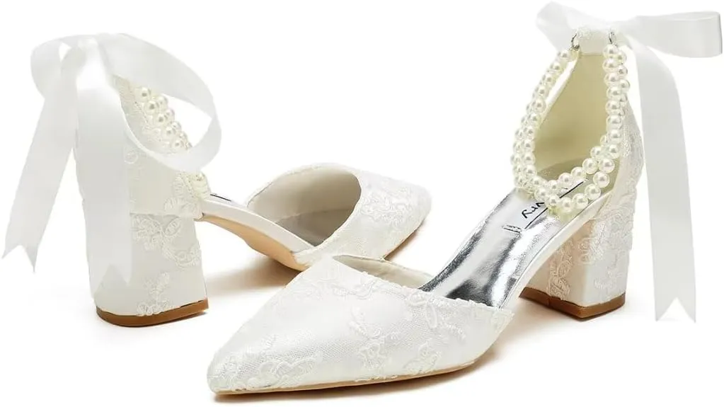 Block Heel Wedding Shoes for Bride Pointed Toe Pearl Wedding Heels Bridal Shoes