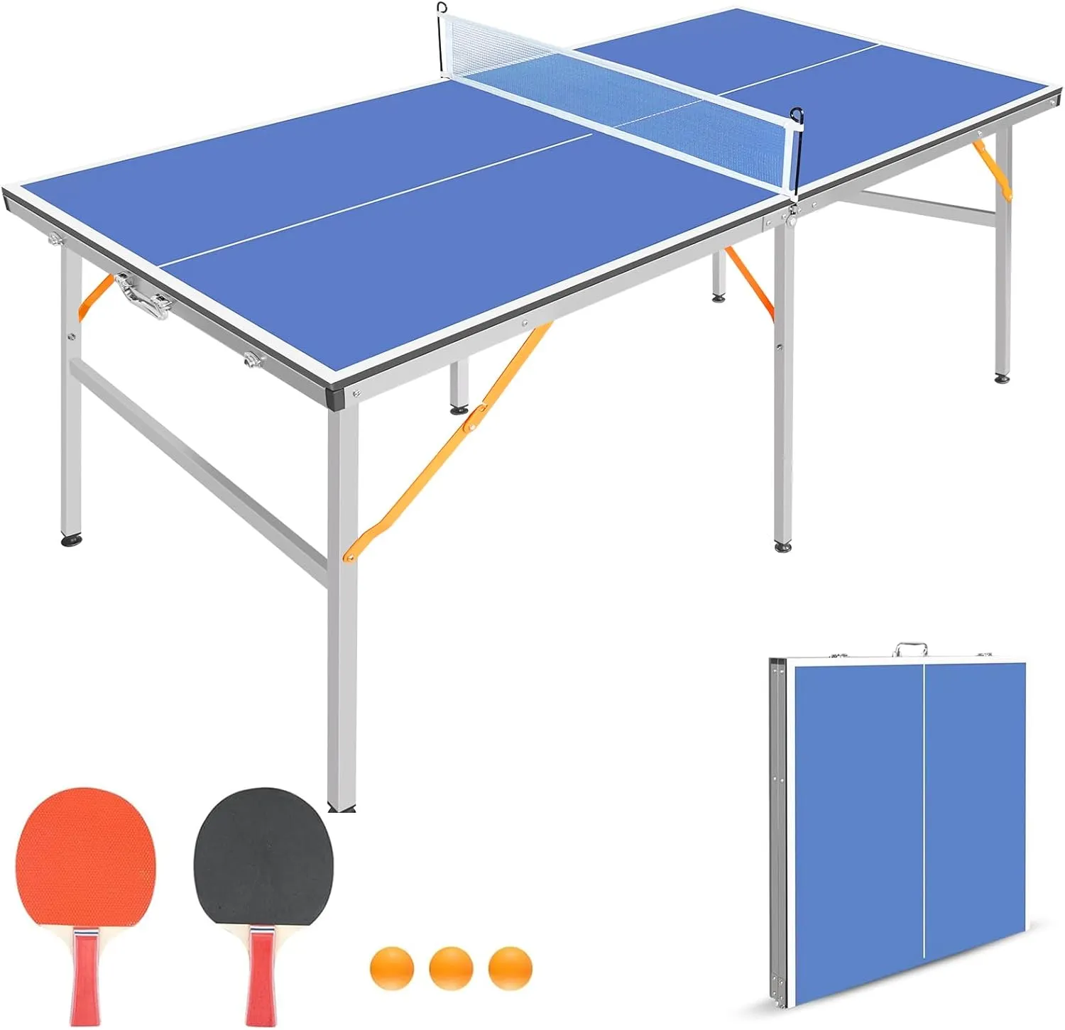 BOSTANA Ping Pong Table, Portable Foldable Ping Pong Table with 1 Net 2 Paddles 3 Balls, Table Tennis Table for Indoor Outdoor Game
